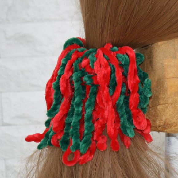 Hand Crafted Other - HAND CRAFTED Hair Scrunchie Fringe Crochet Kids Chenille Velvet Xmas Green Red